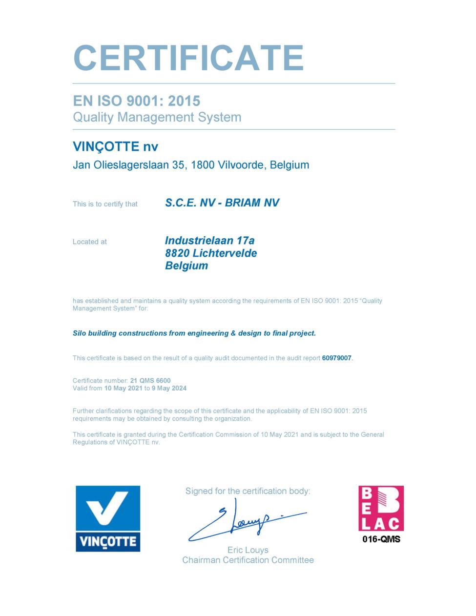ISO 9001 Quality Management System Certificat
